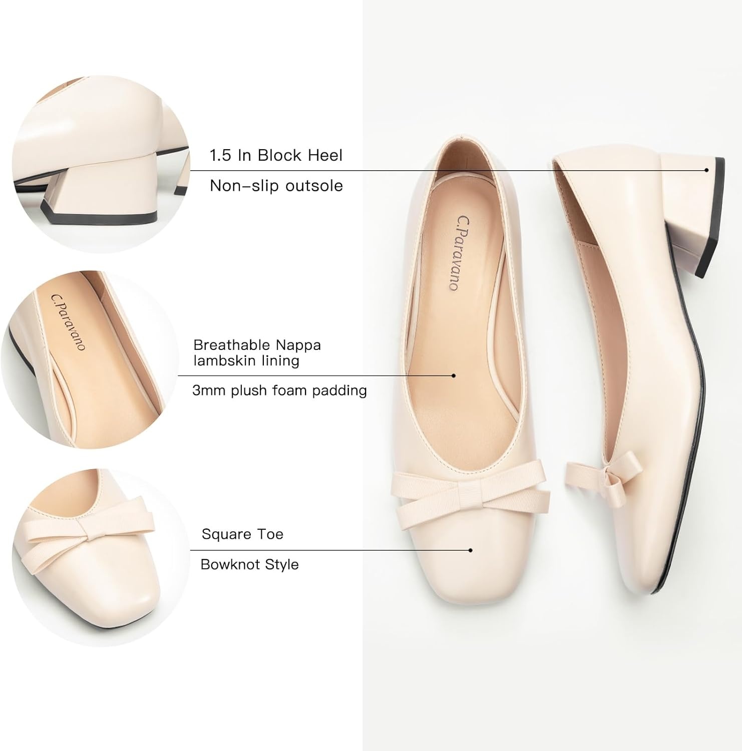 image:imageCParavano Womens Pumps Luxury Leather Pumps 15 Inch Chunky Block Heel amp Square Toe Fabric BowIvory