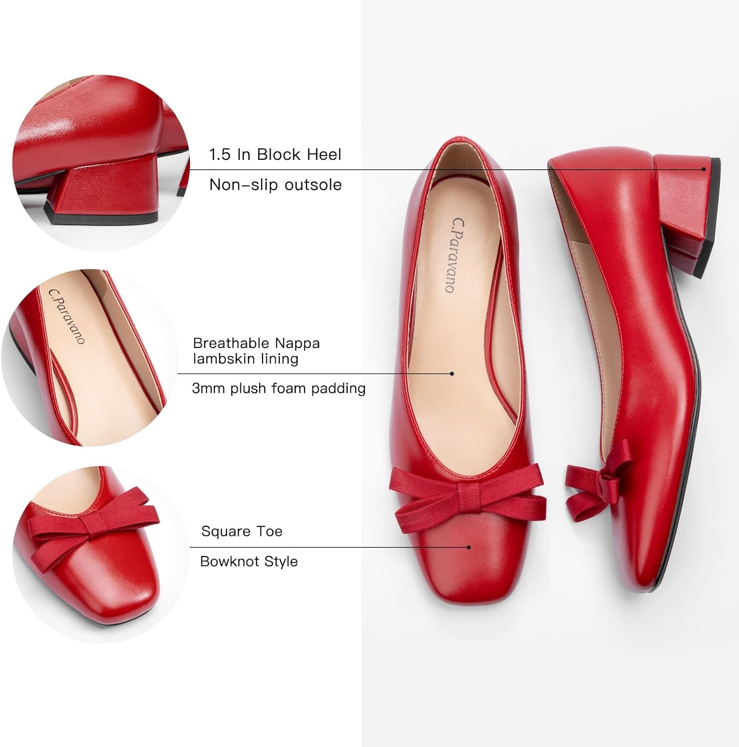 image:imageCParavano Womens Pumps Luxury Leather Pumps 15 Inch Chunky Block Heel amp Square Toe Fabric BowRed