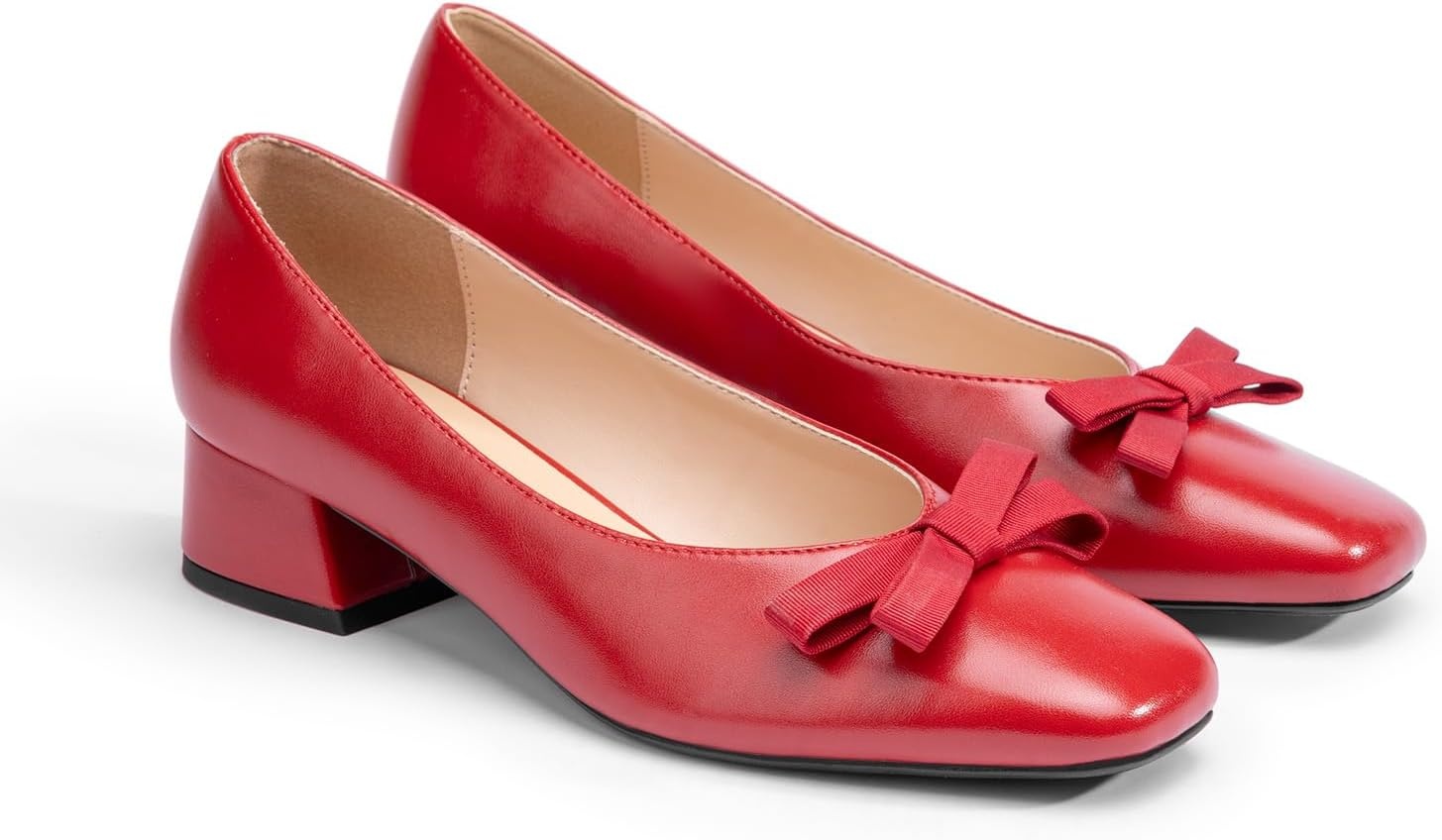 image:imageCParavano Womens Pumps Luxury Leather Pumps 15 Inch Chunky Block Heel amp Square Toe Fabric BowRed