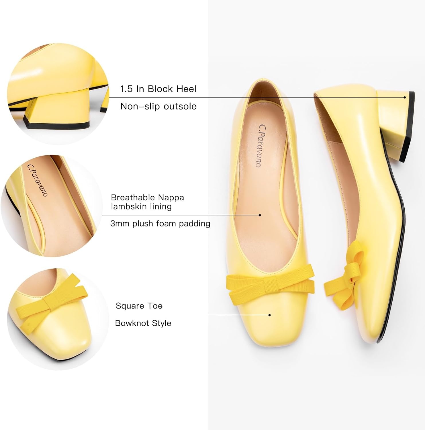 image:imageCParavano Womens Pumps Luxury Leather Pumps 15 Inch Chunky Block Heel amp Square Toe Fabric BowYellow